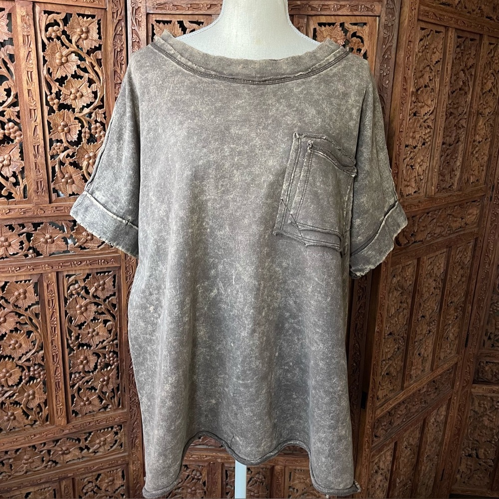 Zenana Acid Washed Brown  Short Sleeve Sweatshirt Terry Knot Pull Over - Picture 2 of 8